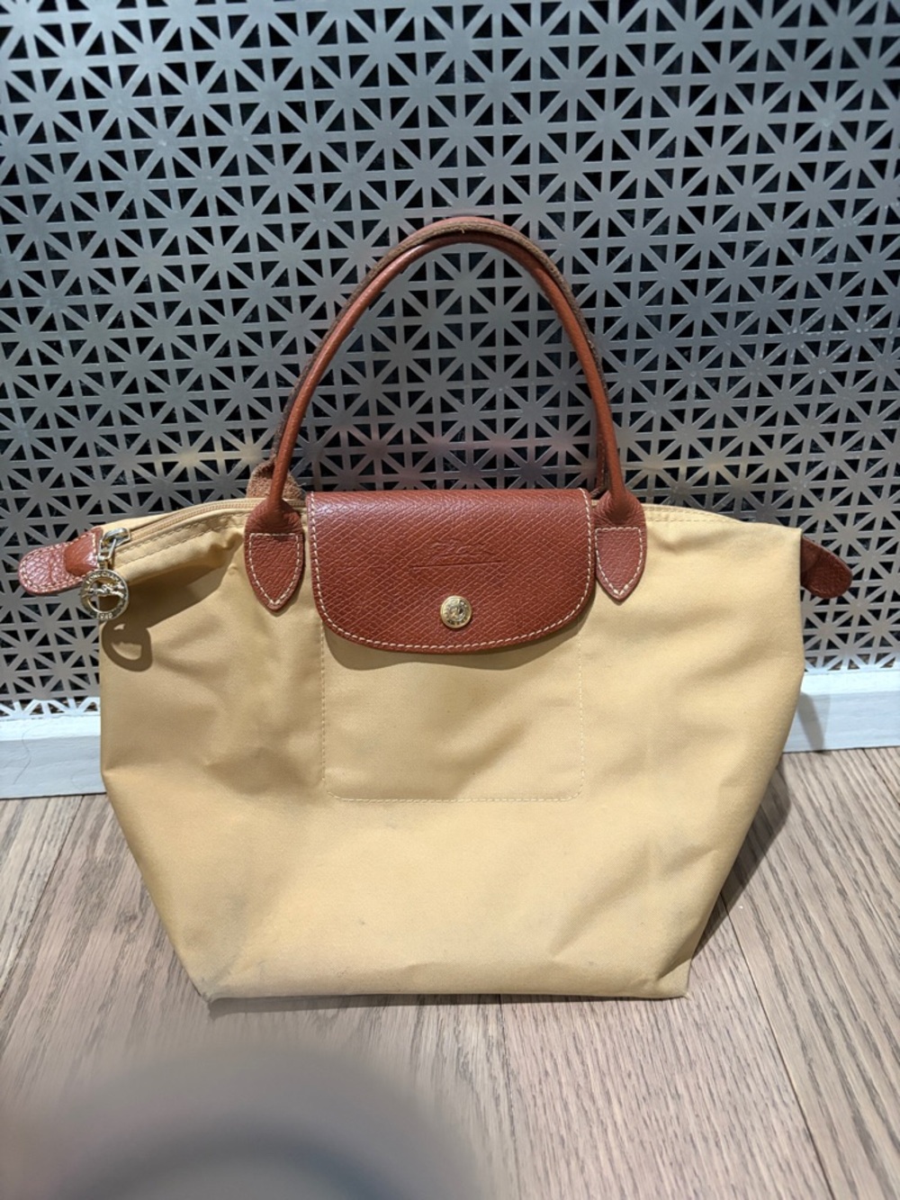 Longchamp Beige Canvas Tote with Brown Leather Trim